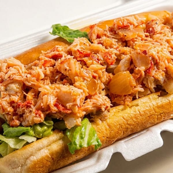 Lobster roll with lettuce and a hot dog in a white takeout container.