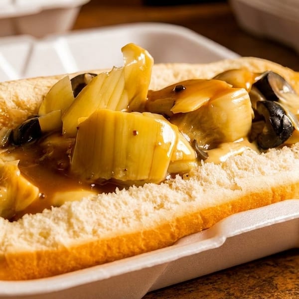 Hot dog in a bun with artichoke hearts, black olives, and gravy in a styrofoam container.