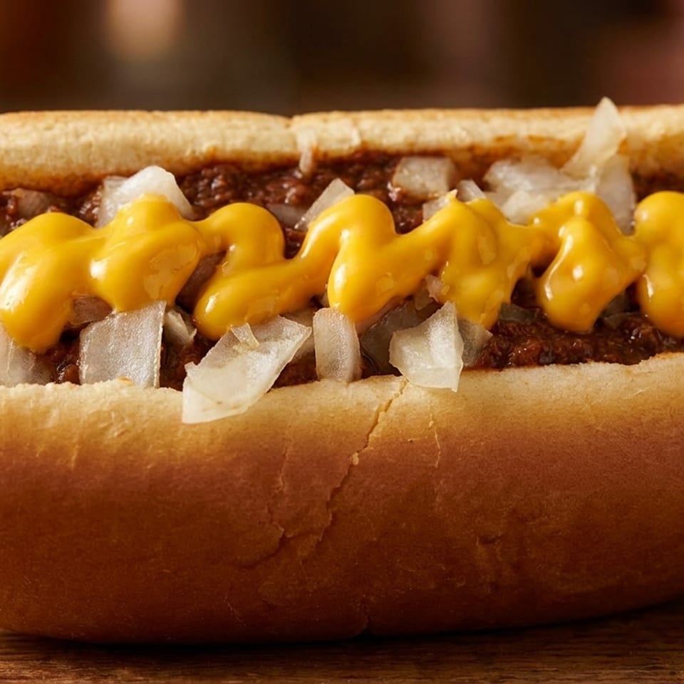 Chili dog with mustard and diced onions on a wooden surface.