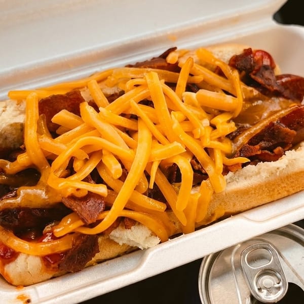 A hot dog in a white takeout container, topped with shredded cheese and bacon bits.