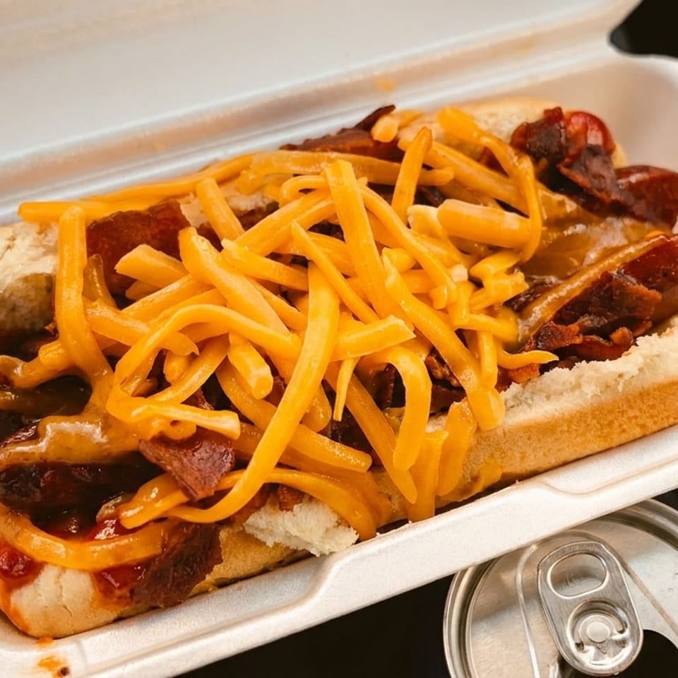 A hot dog in a white takeout container, topped with shredded cheese and bacon bits.