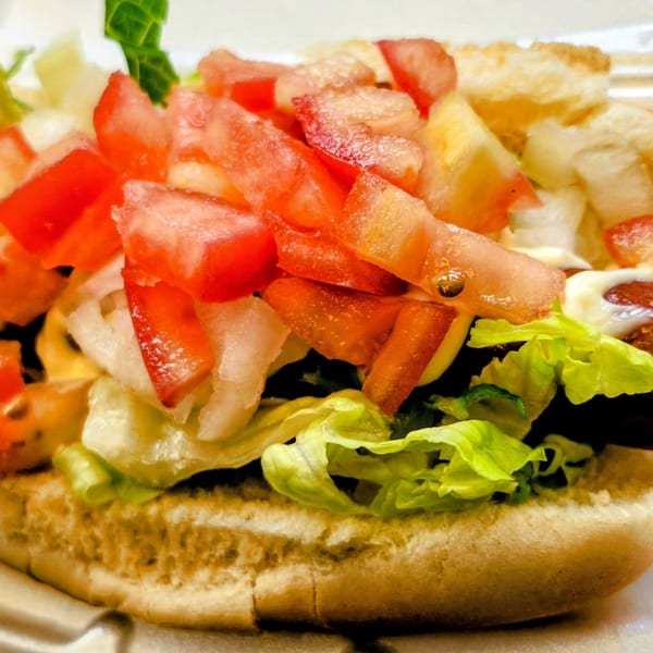 Hot dog in a bun topped with diced tomatoes, lettuce, and white sauce.